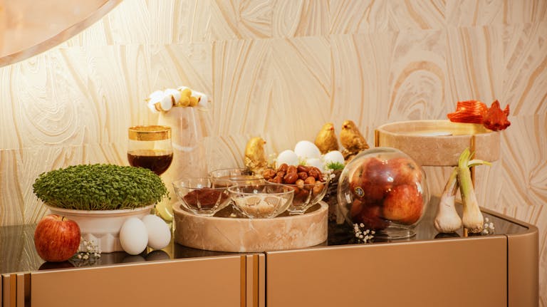 A stylish arrangement of various fresh foods indoors, perfect for culinary inspiration.
