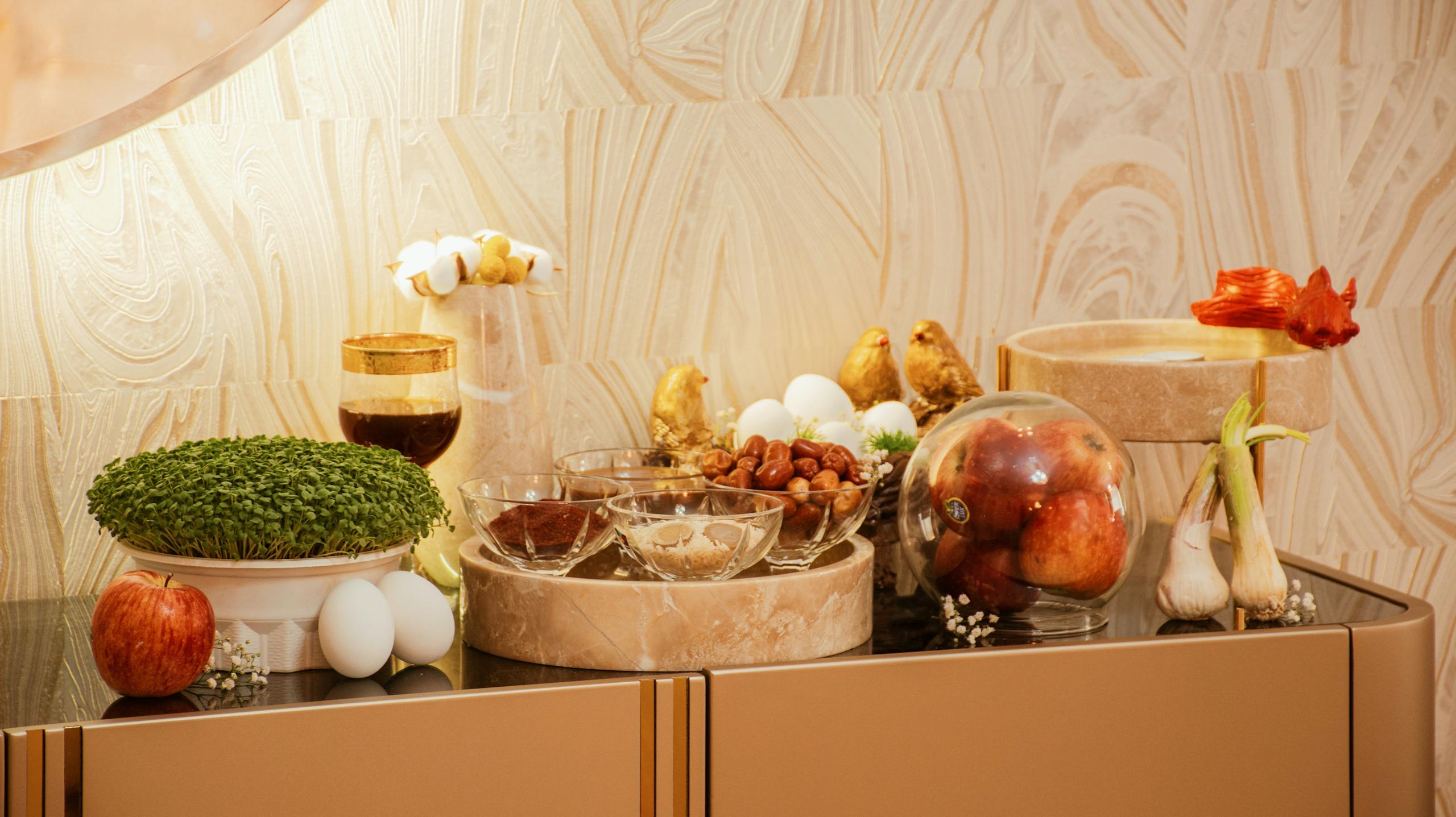A stylish arrangement of various fresh foods indoors, perfect for culinary inspiration.